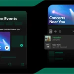 Giao diện playlist "Concerts Near You" của Spotify, hiển thị thông tin về các buổi hòa nhạc sắp diễn ra.