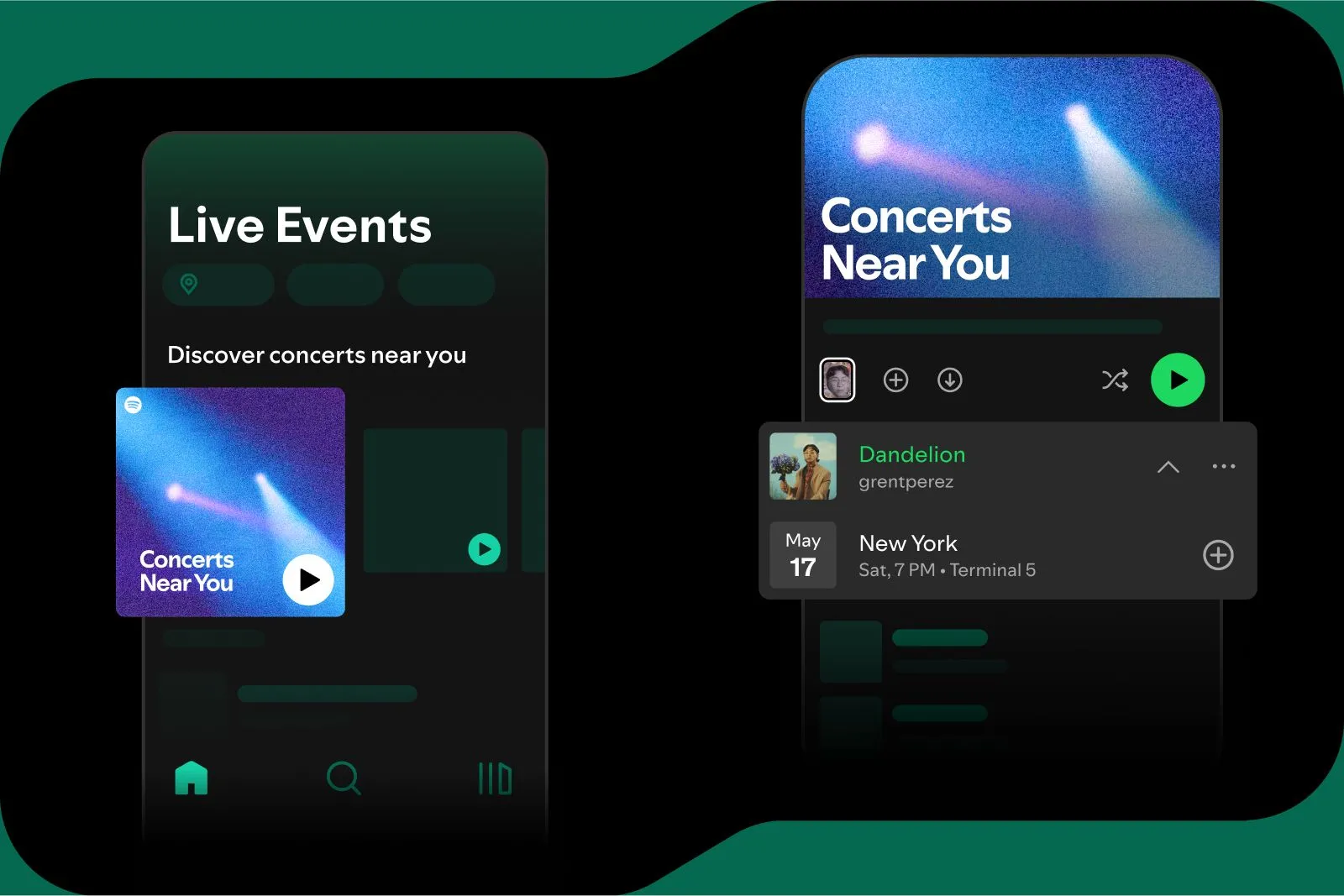 Giao diện playlist "Concerts Near You" của Spotify, hiển thị thông tin về các buổi hòa nhạc sắp diễn ra.