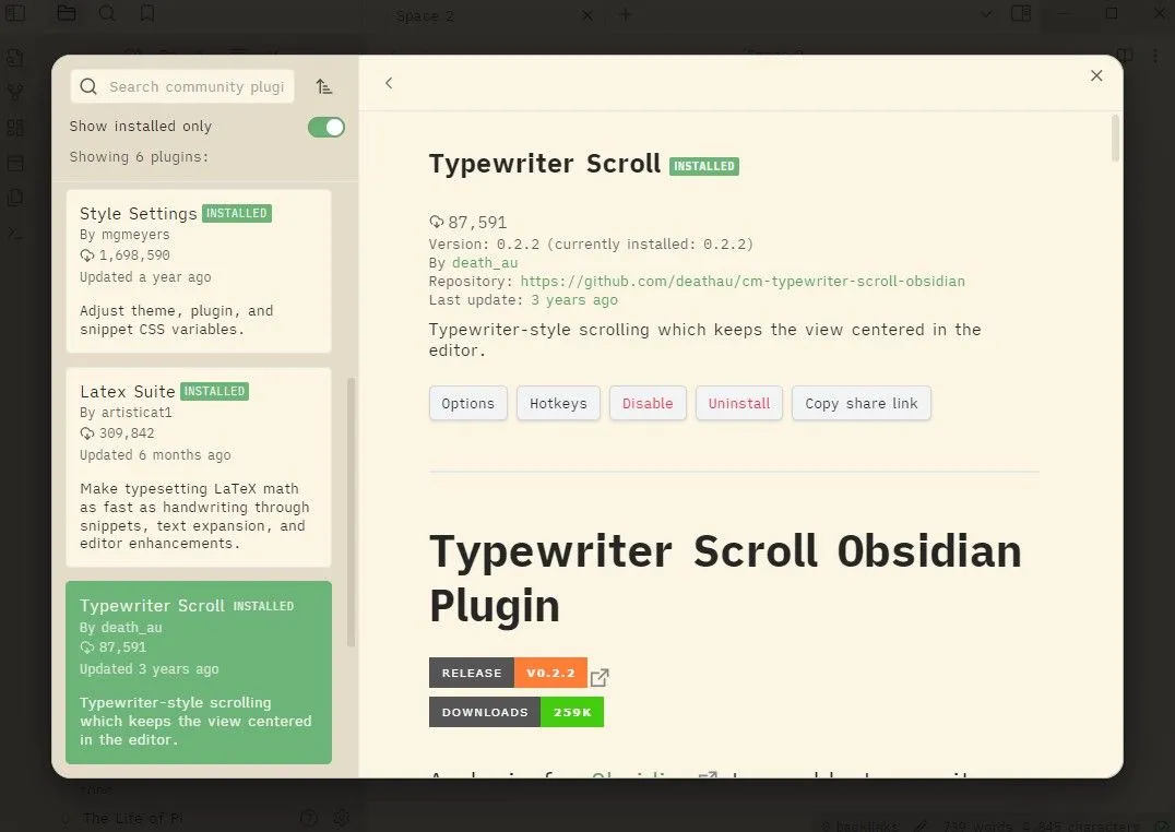 Giao diện plugin Typewriter Scroll trong Obsidian giúp giữ dòng viết luôn ở trung tâm màn hình.