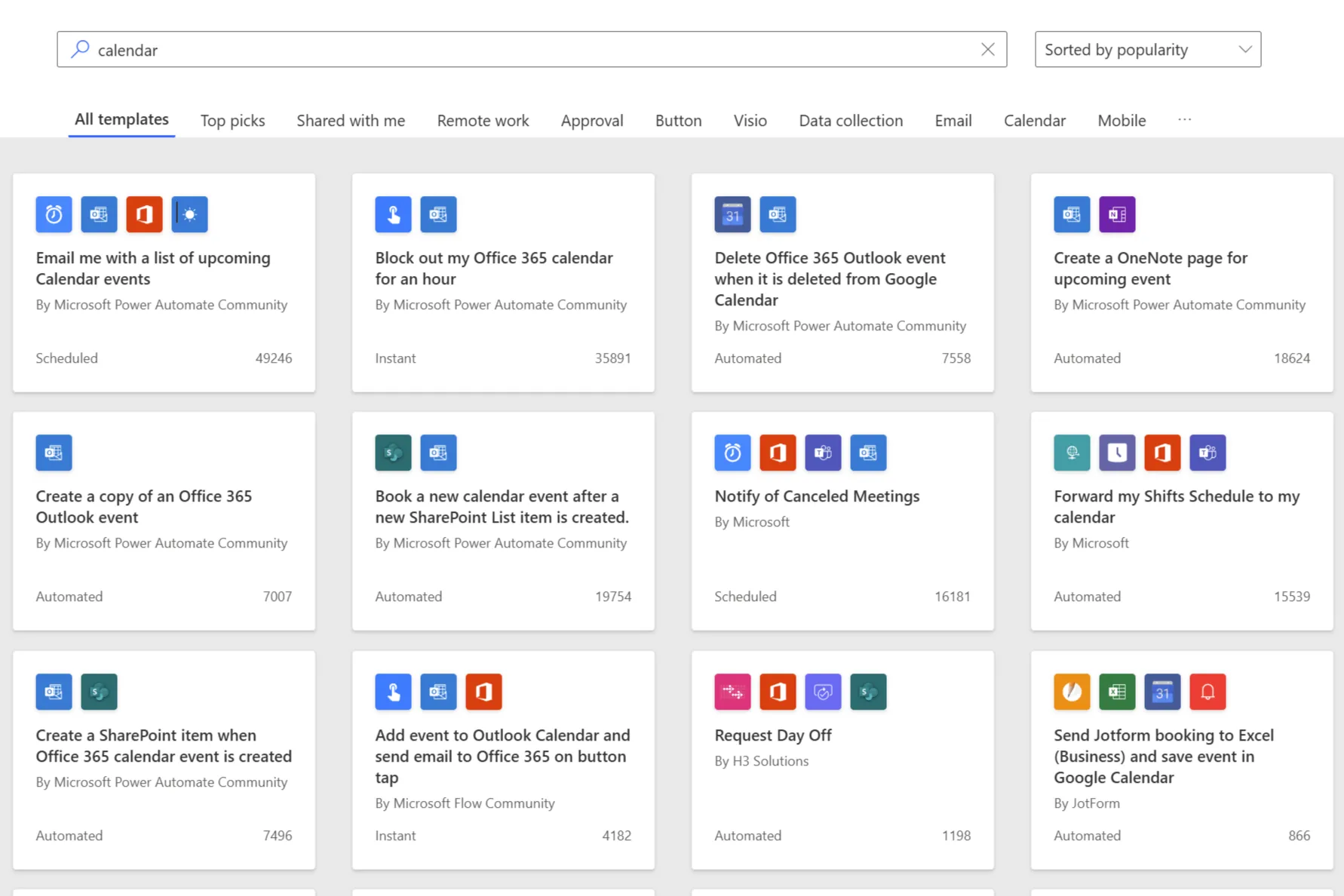 Giao diện Power Automate web với các template tích hợp lịch và ứng dụng Office 365
