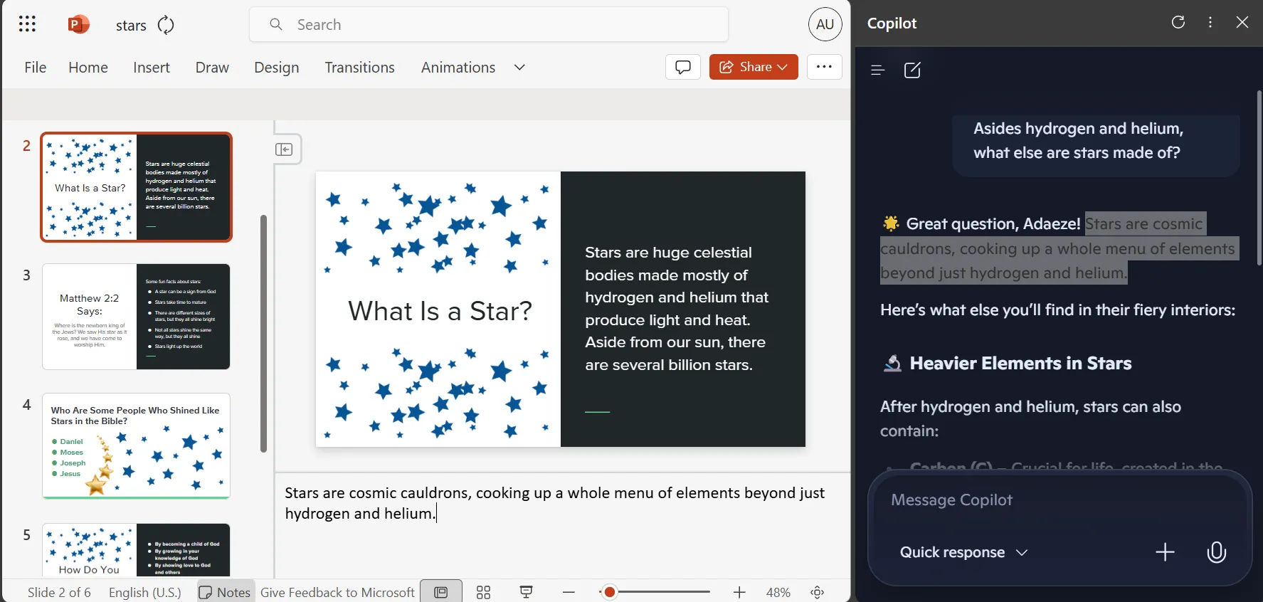 Giao diện PowerPoint Online hiển thị thanh Copilot AI được gắn bên cạnh, hỗ trợ tạo nội dung thuyết trình.