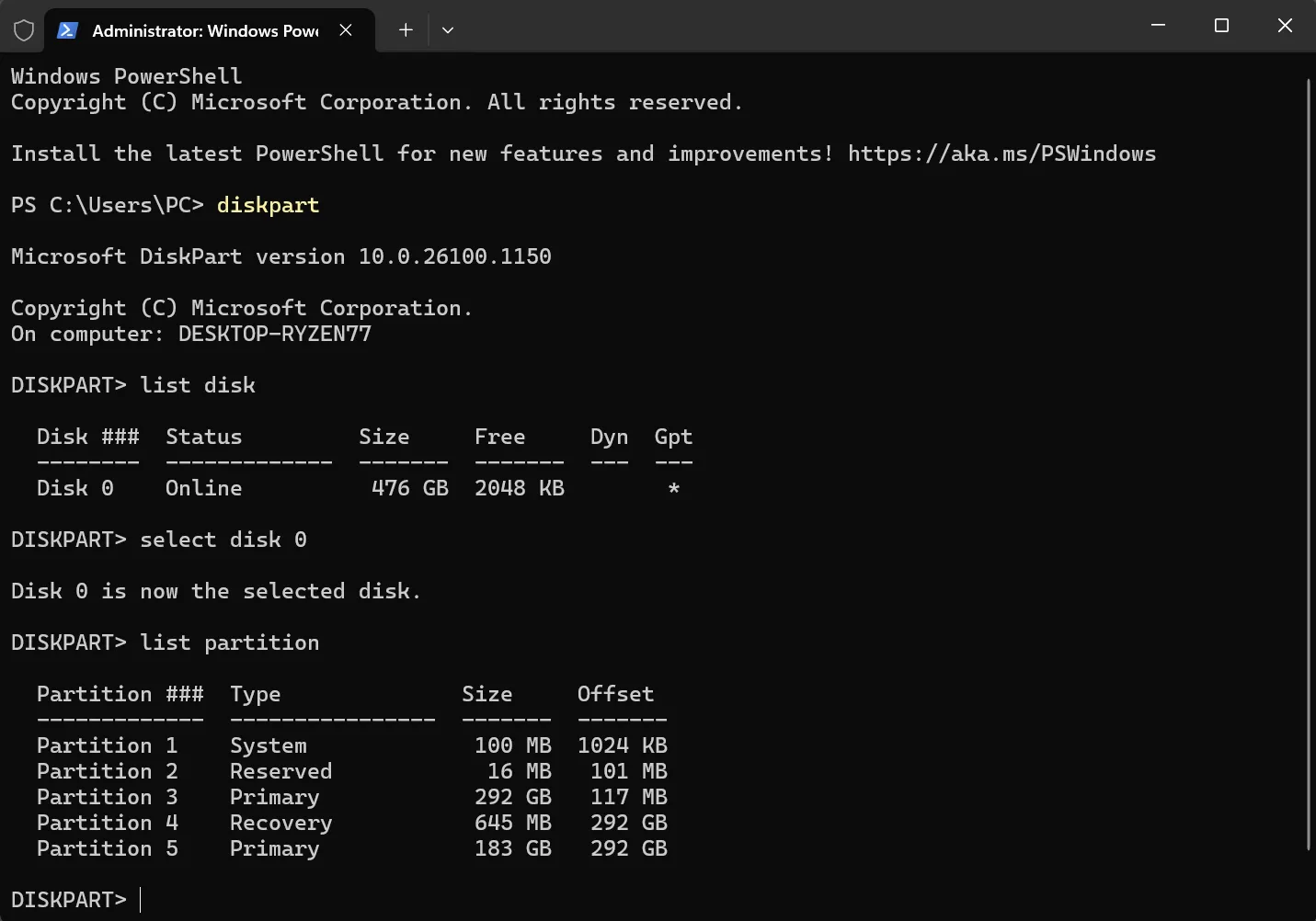 Giao diện PowerShell hiển thị danh sách các phân vùng ổ đĩa trong Windows