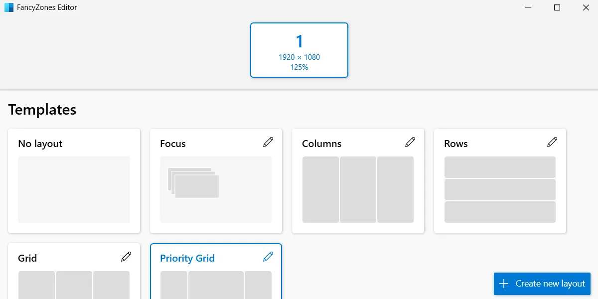 Giao diện PowerToys FancyZones Editor trên Windows hiển thị các mẫu bố cục cửa sổ và tùy chọn tạo bố cục tùy chỉnh mới.