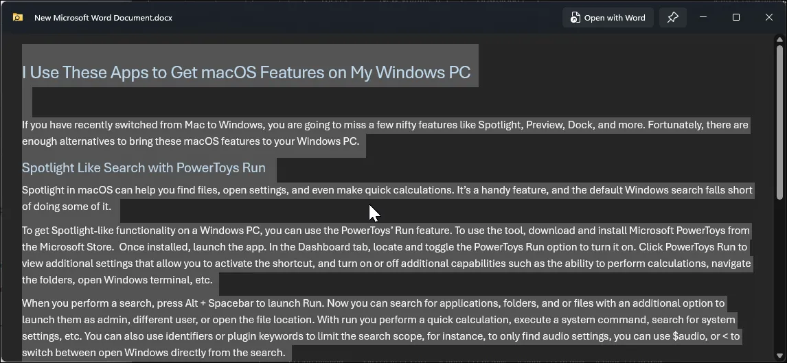 Giao diện PowerToys Peek hiển thị cửa sổ xem trước tài liệu văn bản trên Windows 11, một tính năng tiện lợi tương tự Quick Look trên macOS.