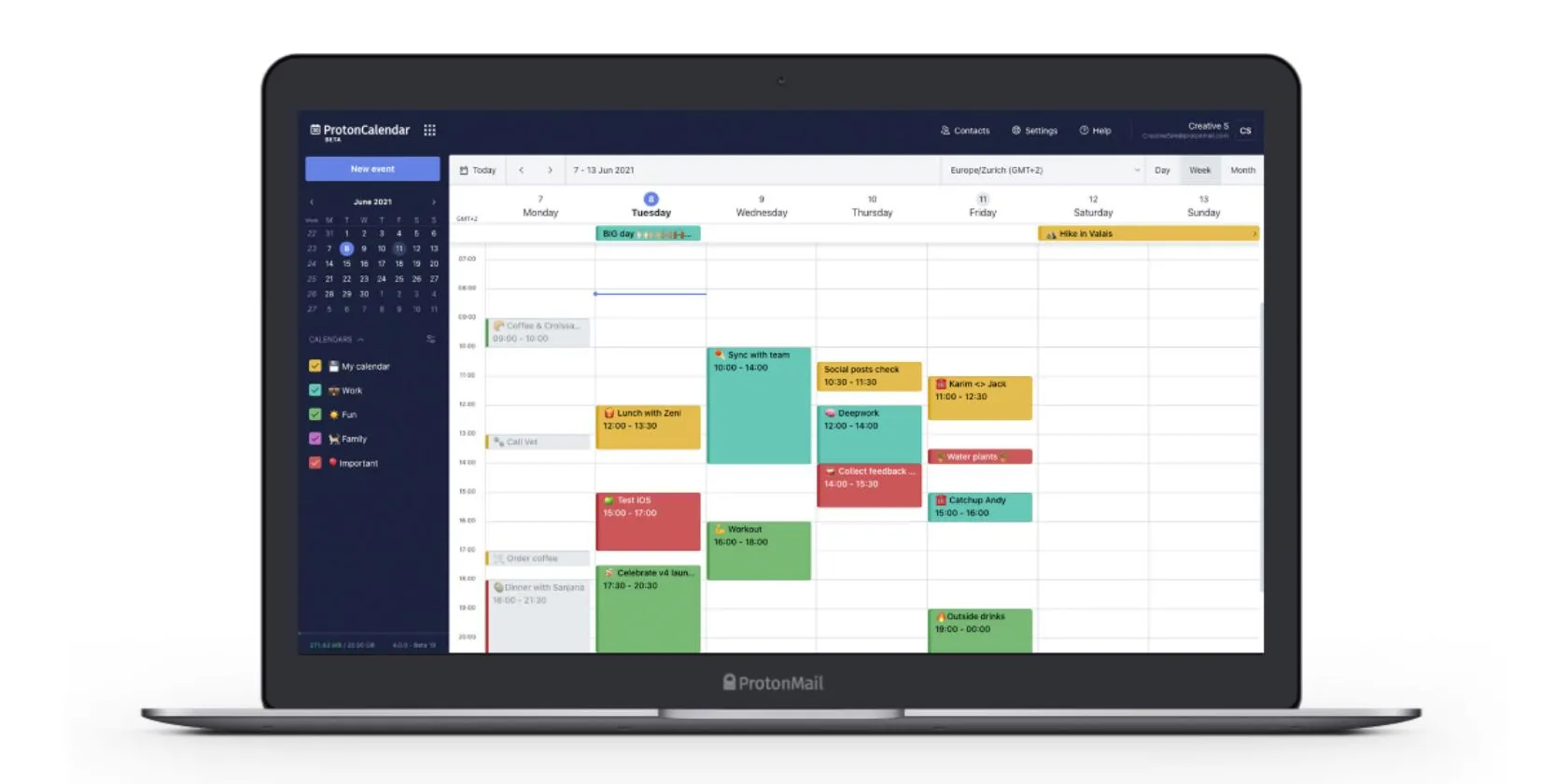Giao diện Proton Calendar trên máy tính với các khối thời gian hiển thị sự kiện được sắp xếp gọn gàng, minh họa cho trải nghiệm lịch kỹ thuật số tiện lợi.