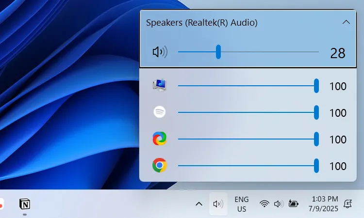 Giao diện quản lý âm thanh EarTrumpet trên Windows 11