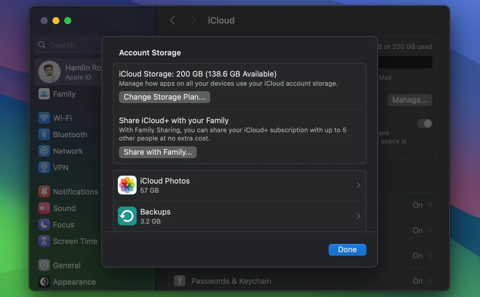 Giao diện quản lý dung lượng iCloud trên macOS, hiển thị các mục chiếm dung lượng như Ảnh, Sao lưu, Tin nhắn.