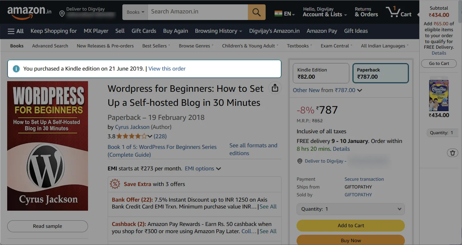 Giao diện quản lý lịch sử đơn hàng trên Amazon
