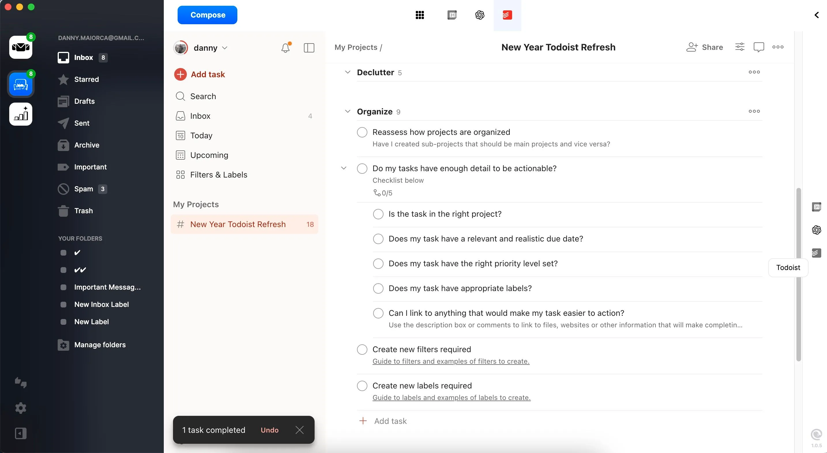 Giao diện quản lý nhiệm vụ Todoist hiển thị bên trong ứng dụng Mailbird