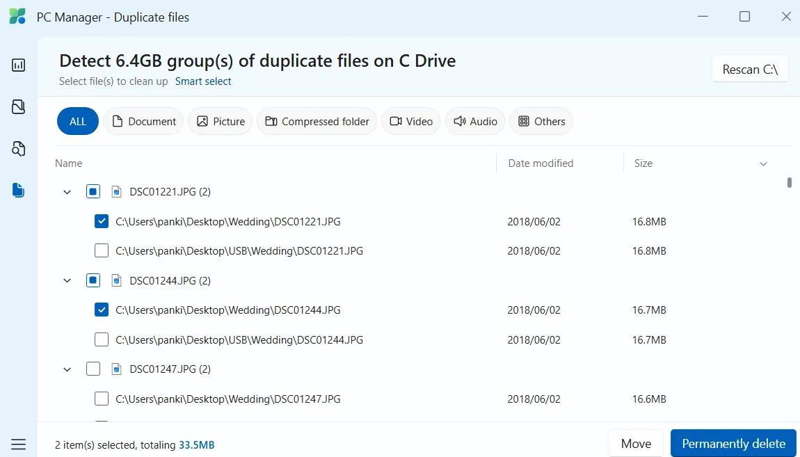 Giao diện Quản lý PC của Microsoft hiển thị các file trùng lặp trên Windows.