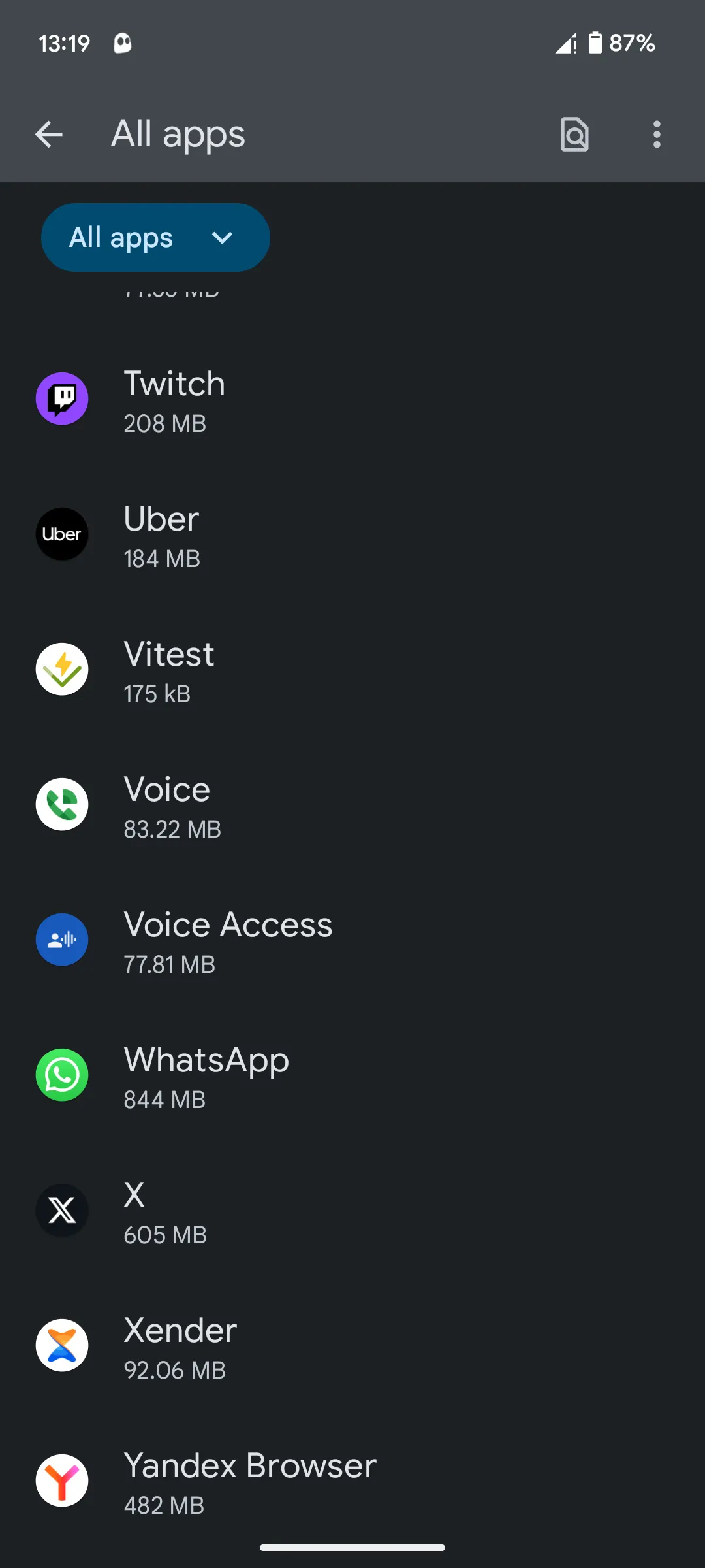 Giao diện quản lý tất cả ứng dụng đã cài đặt trên thiết bị Android, bước đầu tiên để truy cập cài đặt bộ nhớ đệm của từng ứng dụng.