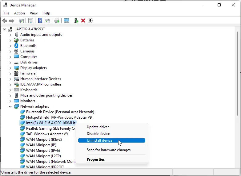 Giao diện Quản lý thiết bị (Device Manager) của Windows 11, minh họa tùy chọn 'Gỡ cài đặt thiết bị' cho card mạng Wi-Fi