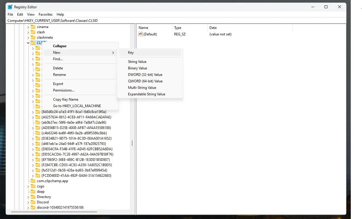 Giao diện Registry Editor Windows với cửa sổ tạo khóa con mới cho menu ngữ cảnh