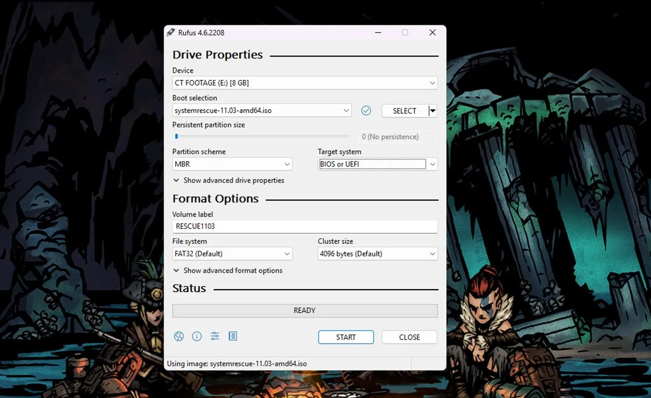 Giao diện Rufus với cài đặt tạo USB SystemRescue bootable