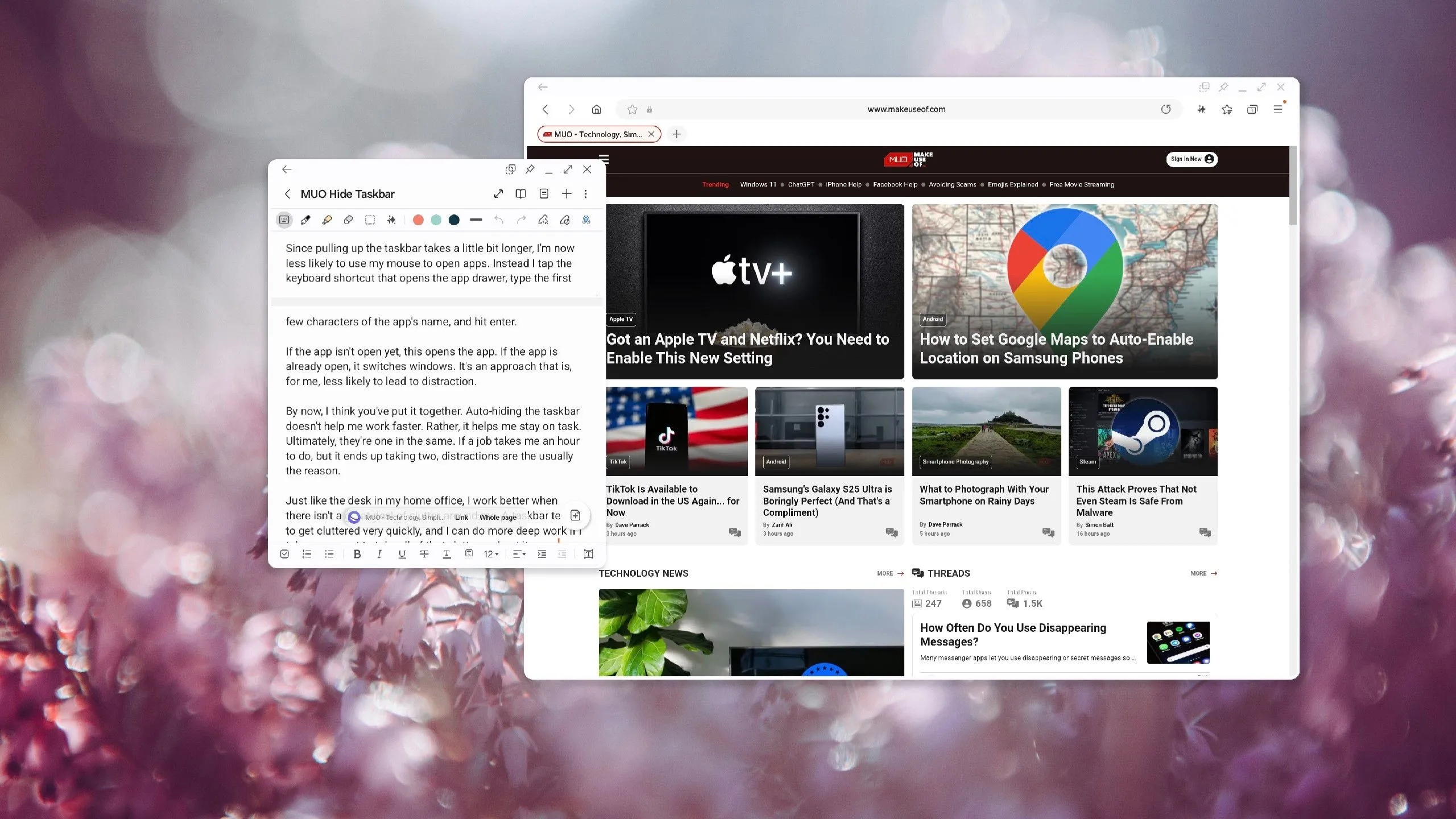 Giao diện Samsung DeX hiển thị ứng dụng Samsung Notes và trình duyệt Samsung Internet trên màn hình ngoài, minh họa khả năng làm việc như máy tính.