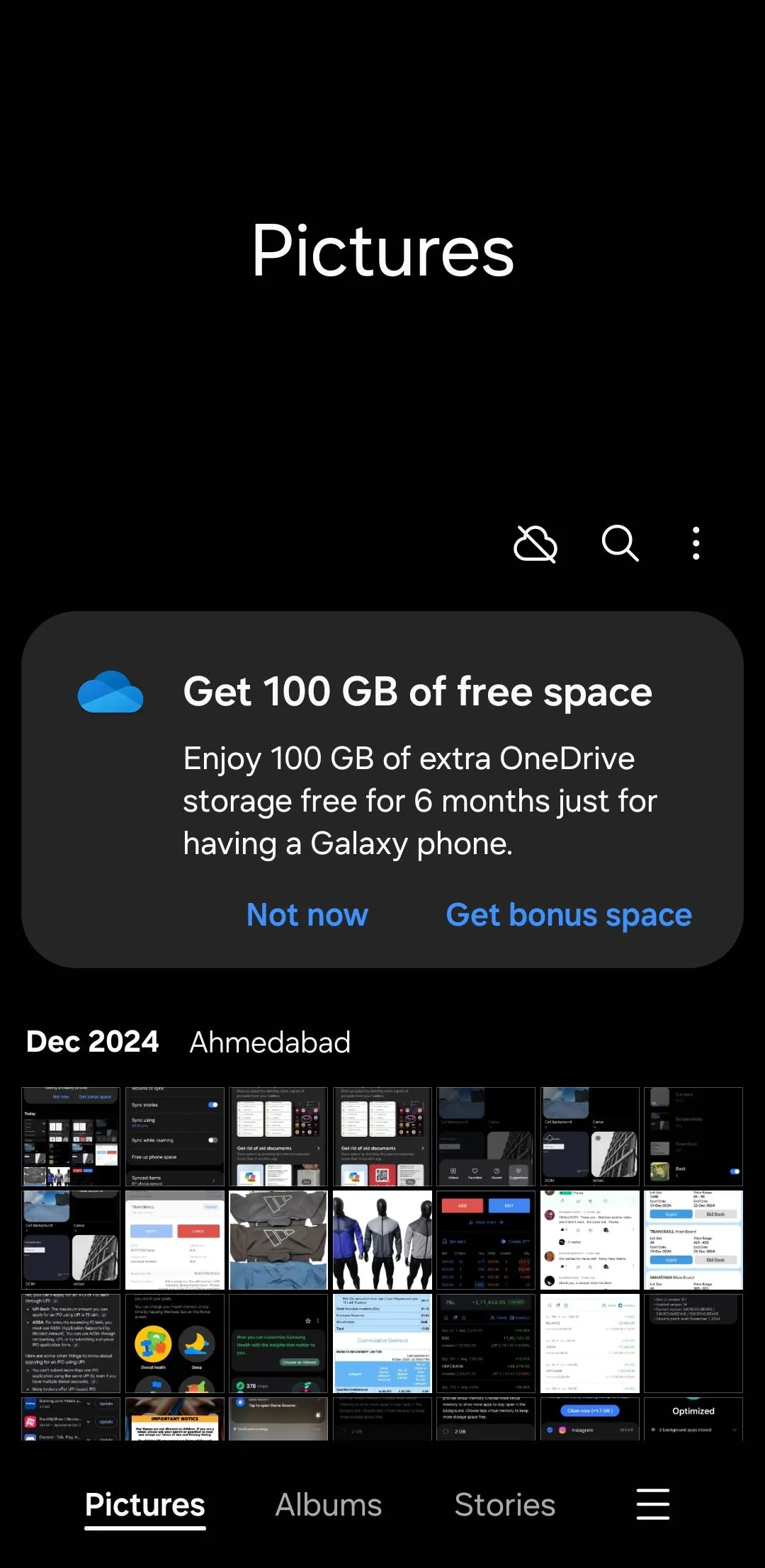 Giao diện Samsung Gallery hiển thị thông báo tích hợp sao lưu ảnh lên OneDrive, tiện lợi cho người dùng Microsoft 365.