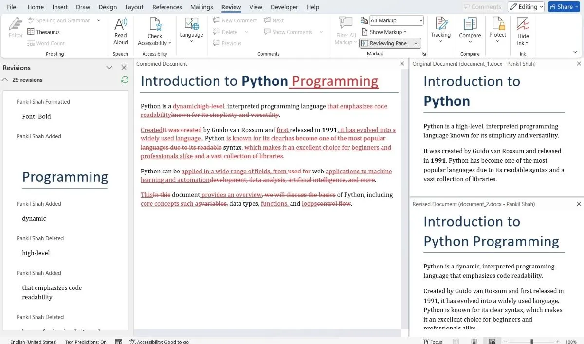 Giao diện so sánh hai tài liệu Python trong Microsoft Word với các thay đổi được đánh dấu