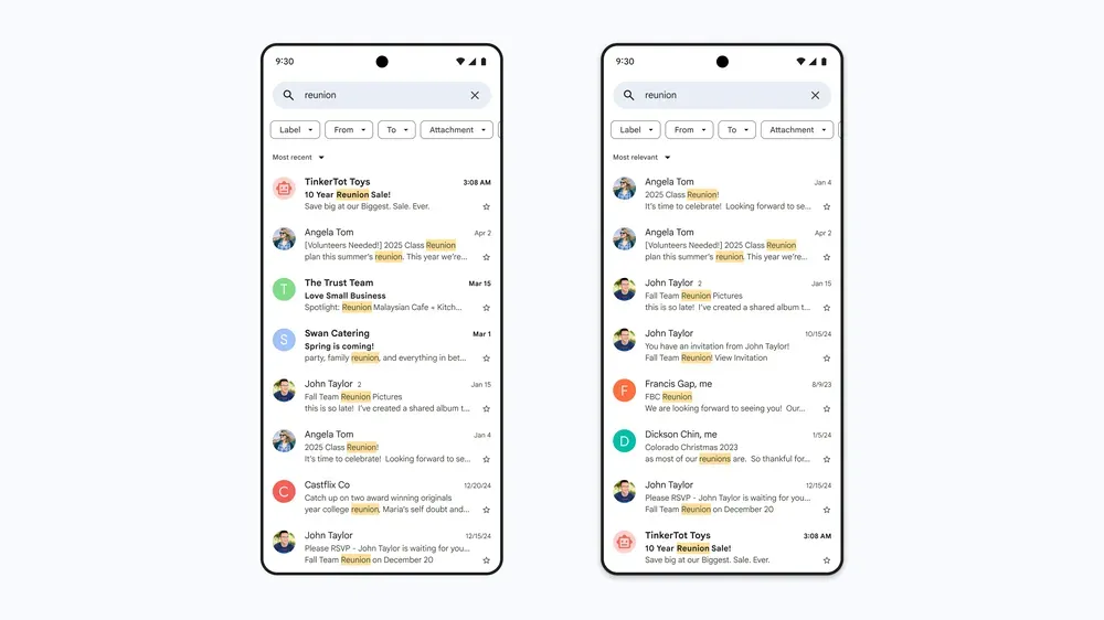 Giao diện so sánh kết quả tìm kiếm Gmail trước và sau khi sử dụng tính năng tìm kiếm AI 'Most relevant' trên thiết bị di động