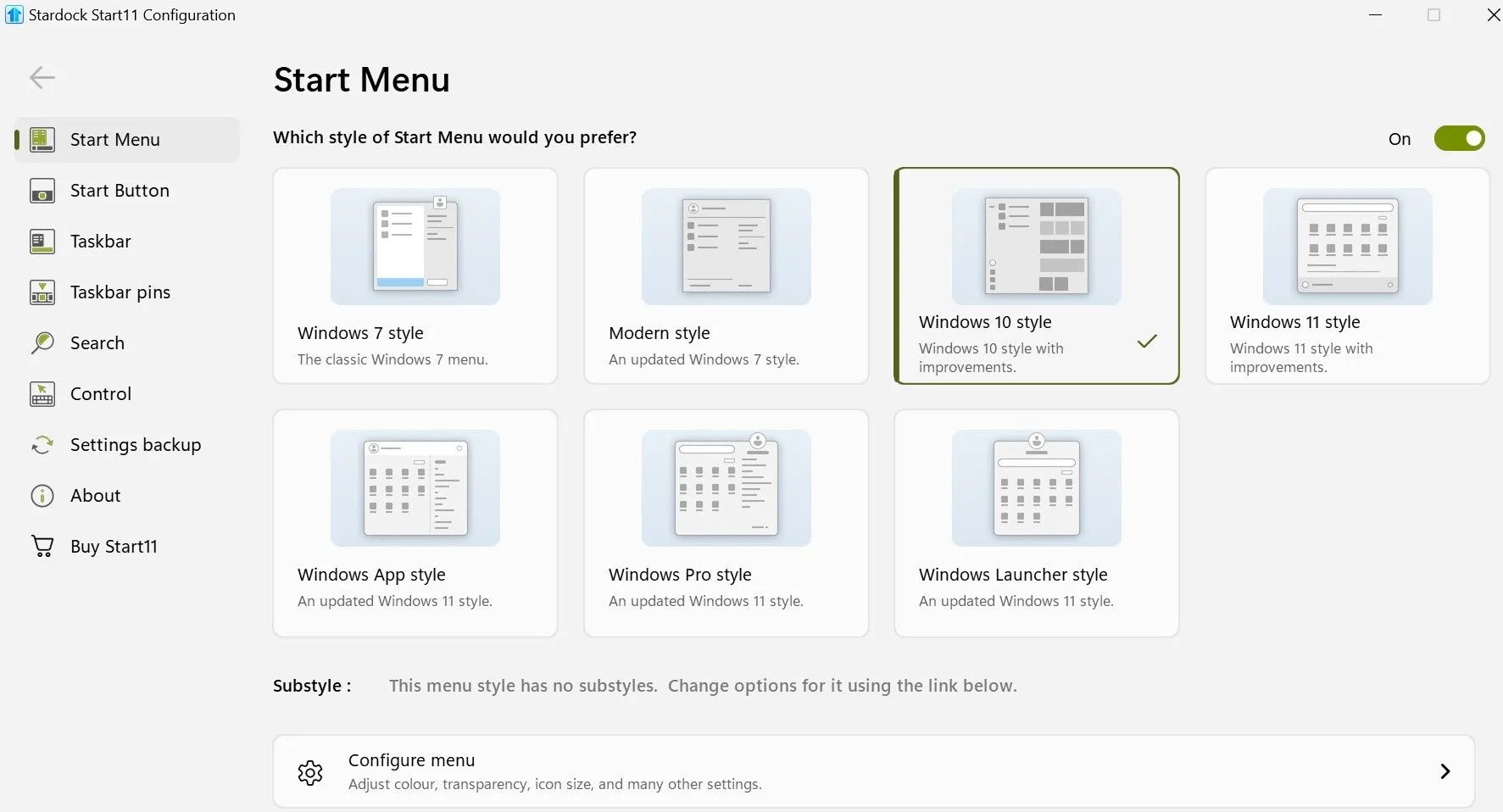 Giao diện Start11 hiển thị tùy chọn kiểu Menu Start Windows 10