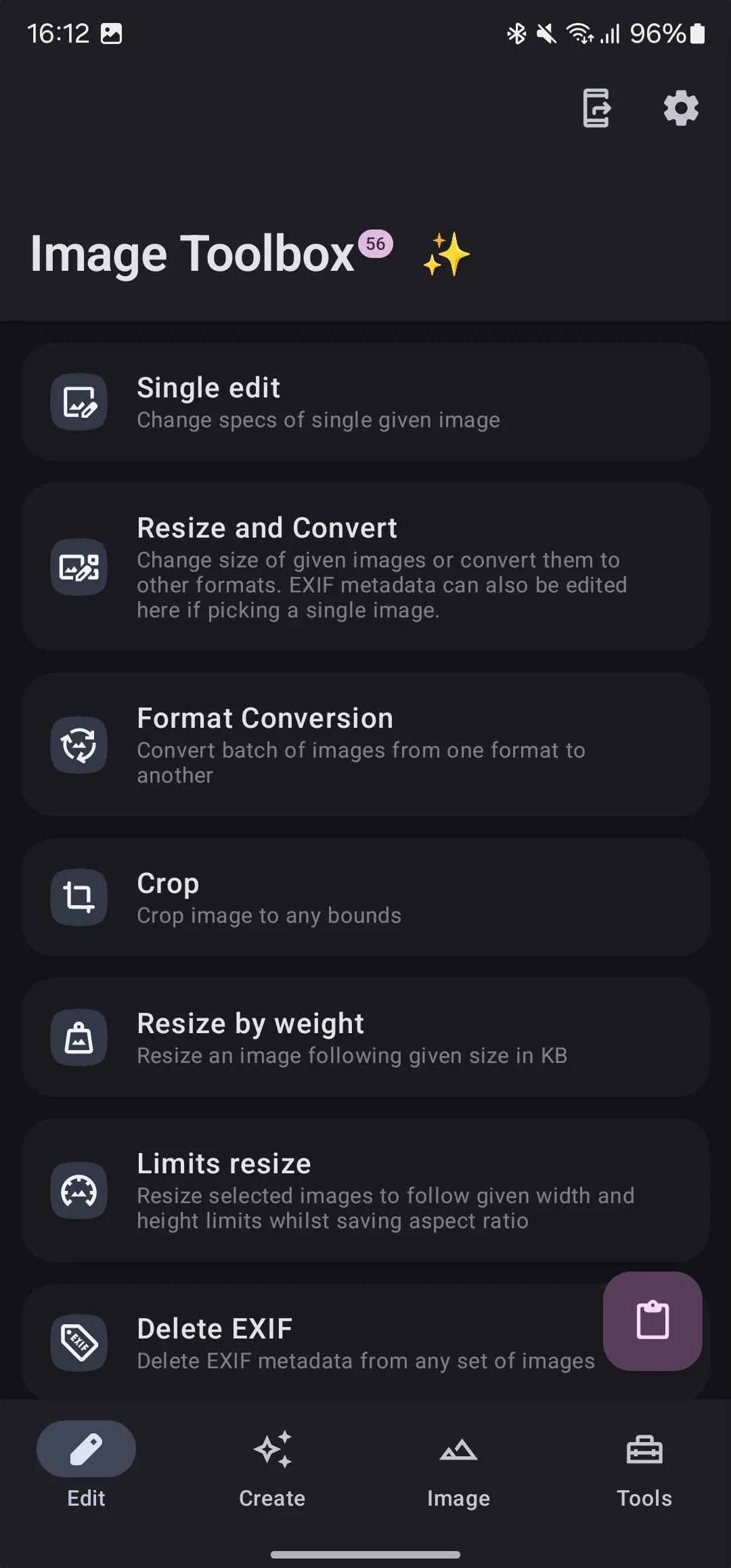 Giao diện tab Chỉnh sửa của Image Toolbox, cung cấp nhiều tùy chọn thao tác với hình ảnh trên Android.