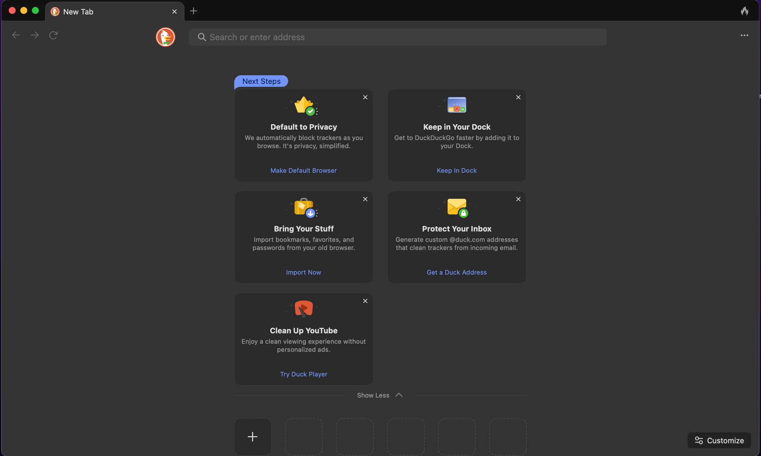 Giao diện tab mới của trình duyệt DuckDuckGo với thanh tìm kiếm và các tùy chọn bảo mật