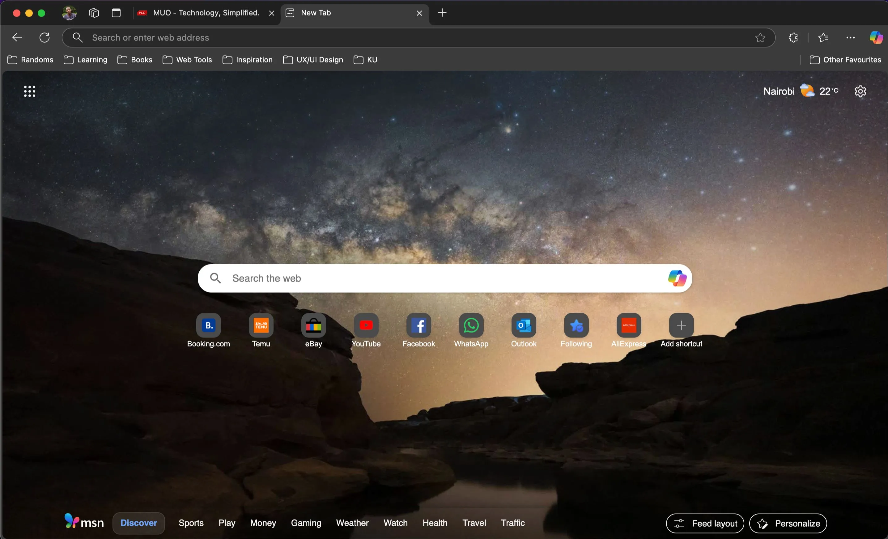 Giao diện tab mới của trình duyệt Microsoft Edge với khả năng hiển thị tin tức và công cụ tìm kiếm.