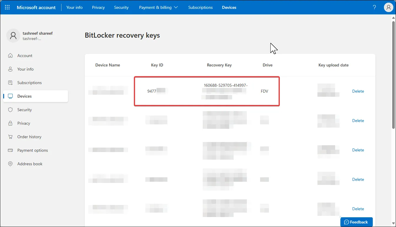 Giao diện tài khoản Microsoft hiển thị các khóa khôi phục BitLocker đã lưu