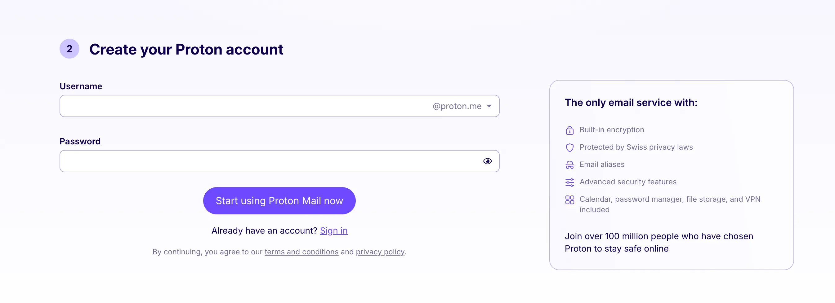 Giao diện tạo tài khoản Proton Mail với các tùy chọn bảo mật email