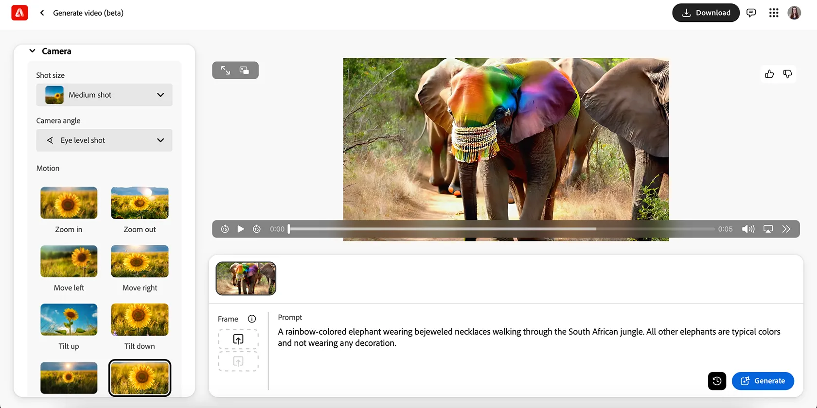 Giao diện tạo video bằng AI Generate Video (Beta) của Adobe Firefly trên nền tảng web.