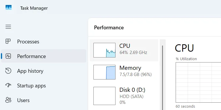 Giao diện Task Manager và cách truy cập tab Performance trên Windows