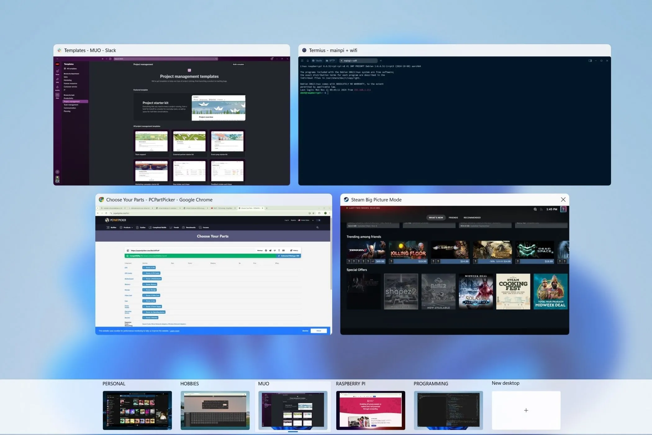 Giao diện Task View hiển thị các màn hình ảo (virtual desktops) khác nhau trên Windows 11, minh họa khả năng quản lý nhiều dự án cùng lúc