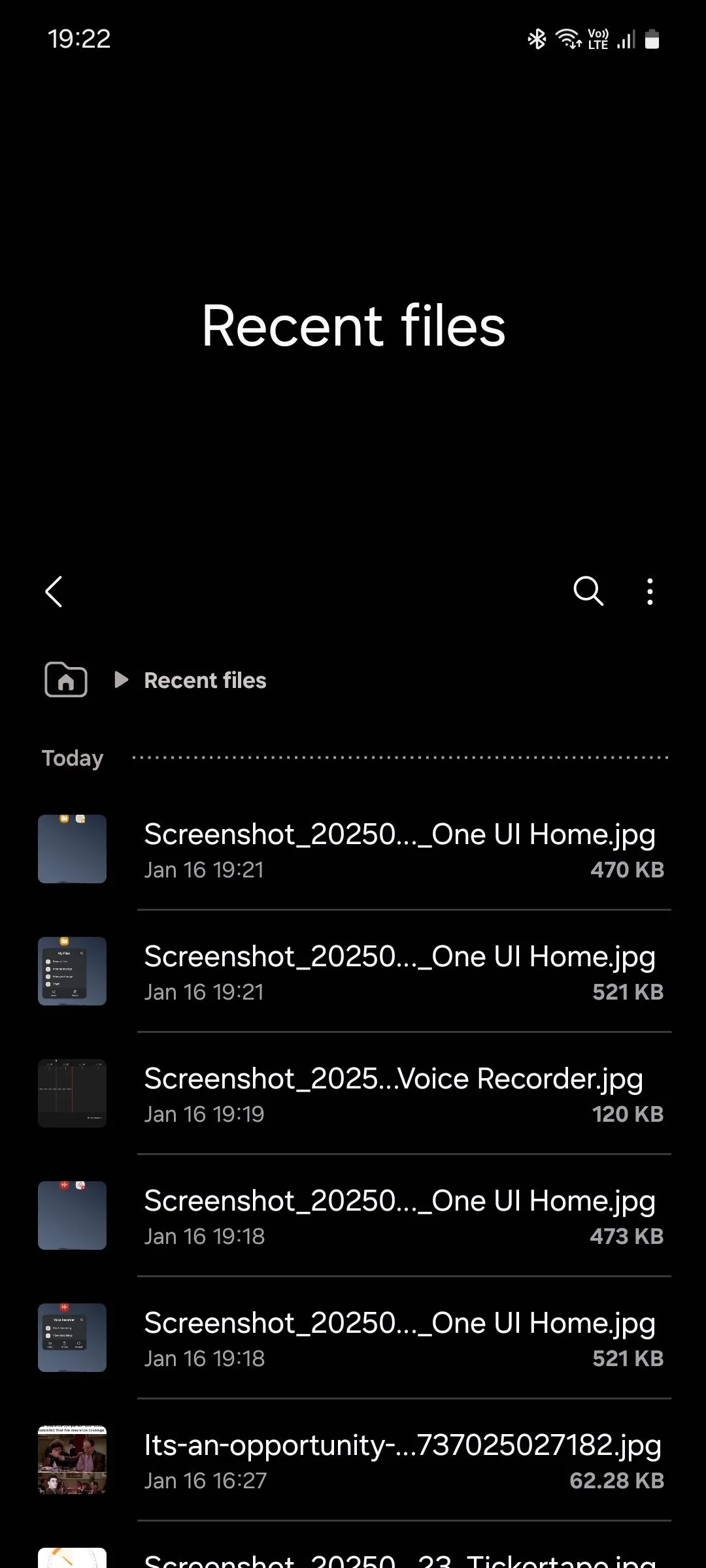 Giao diện &quot;Tệp gần đây&quot; trong ứng dụng Samsung My Files, hiển thị các tệp vừa được tạo hoặc tải xuống.