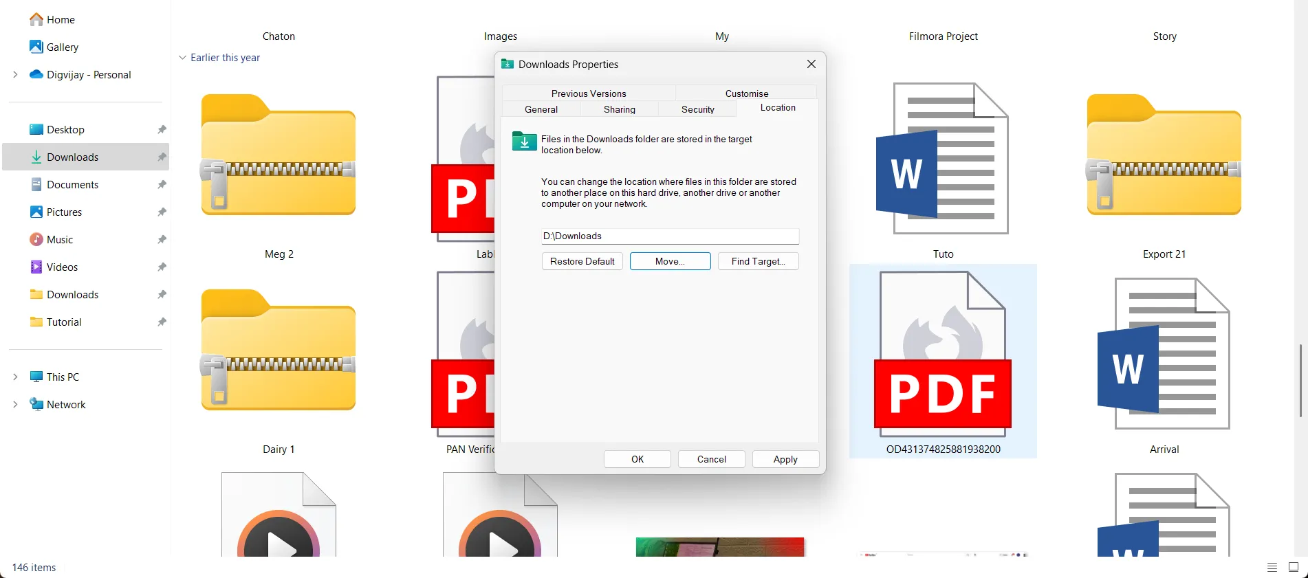 Giao diện thay đổi vị trí thư mục Downloads mặc định trên Windows 11 trong File Explorer.