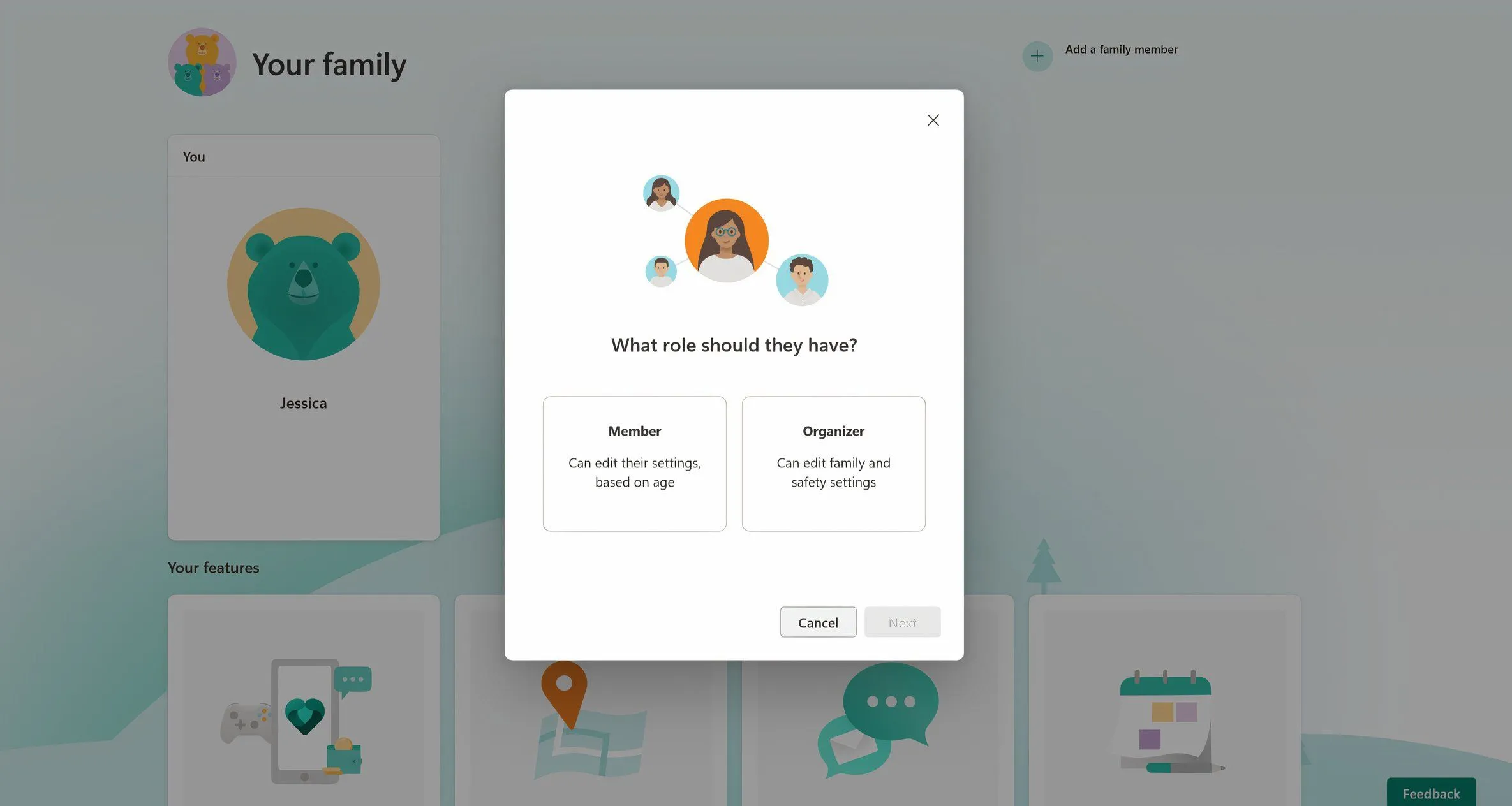 Giao diện thêm thành viên vào Microsoft Family Safety để kiểm soát thời gian dùng màn hình của trẻ.