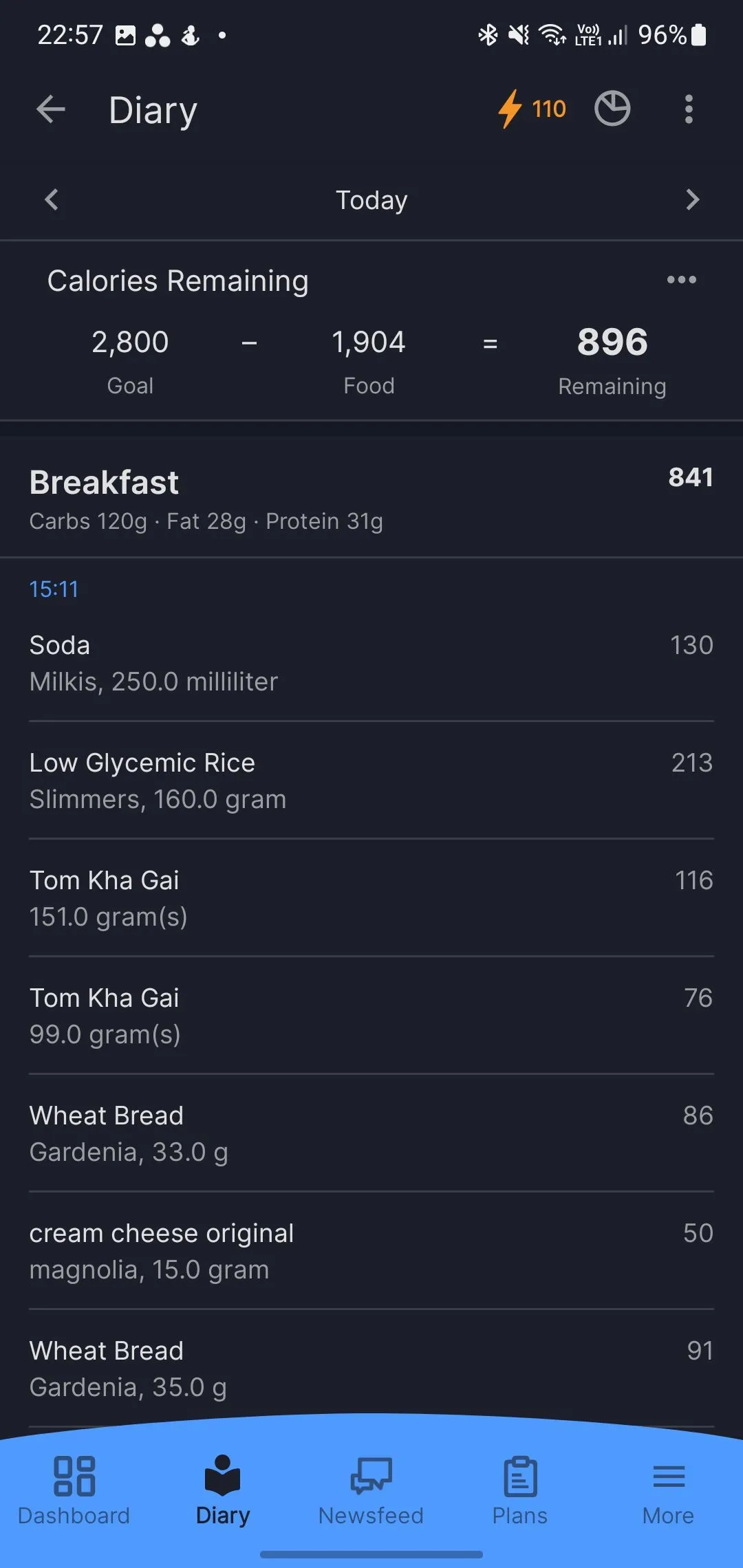 Giao diện theo dõi calo trong MyFitnessPal, giúp người dùng quản lý lượng thực phẩm tiêu thụ để đạt mục tiêu sức khỏe.