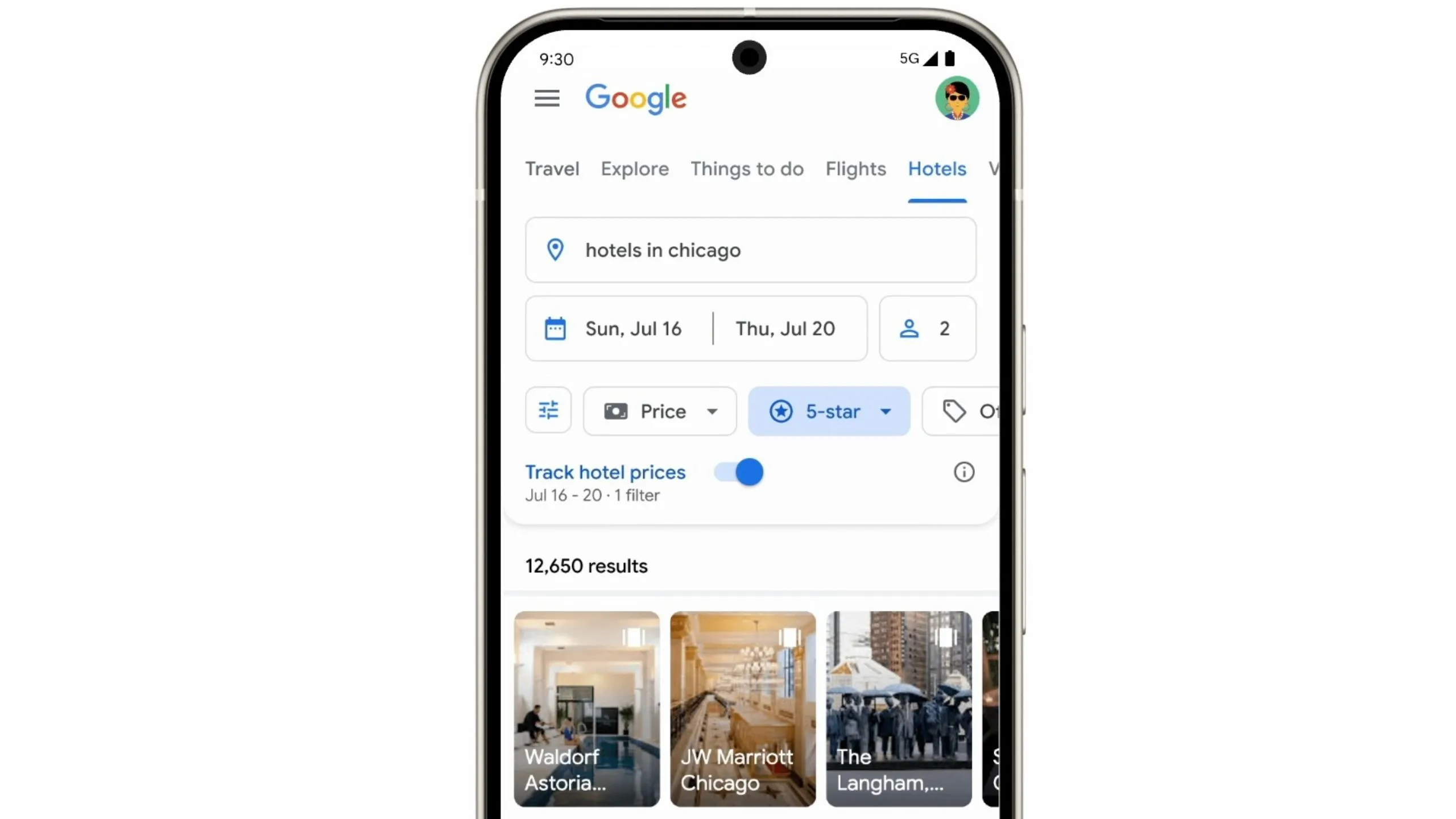 Giao diện theo dõi giá khách sạn trên Google Hotels với tùy chọn bật cảnh báo giảm giá