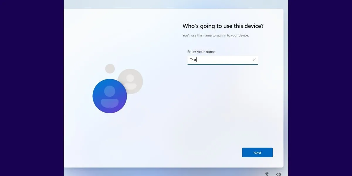 Giao diện thiết lập ban đầu (OOBE) của Windows 11, cho phép tạo tài khoản người dùng và câu hỏi bảo mật