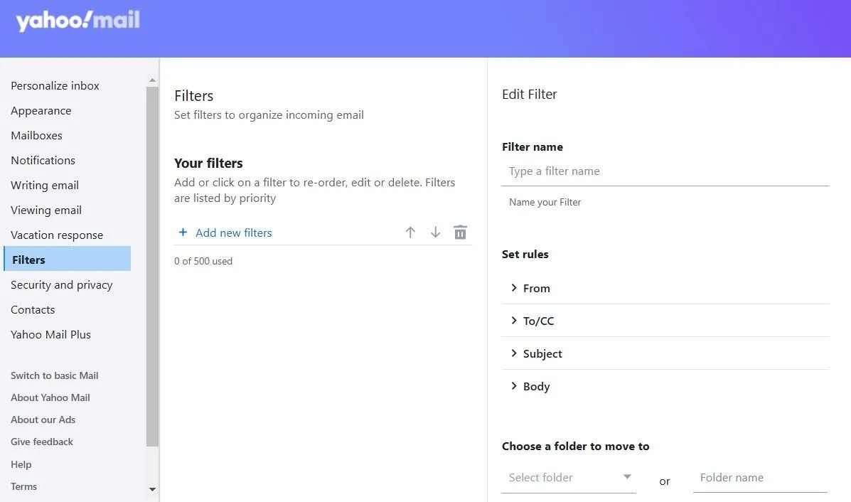 Giao diện thiết lập bộ lọc email trong Yahoo Mail, hiển thị các tùy chọn Từ, Đến, Chủ đề và Nội dung.