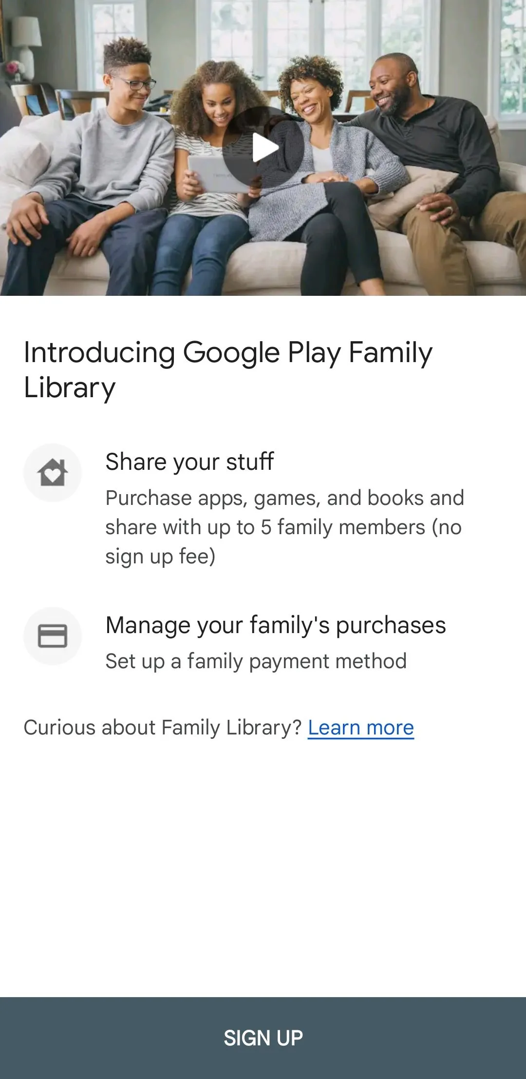 Giao diện thiết lập Thư viện Gia đình Google Play để chia sẻ nội dung kỹ thuật số.