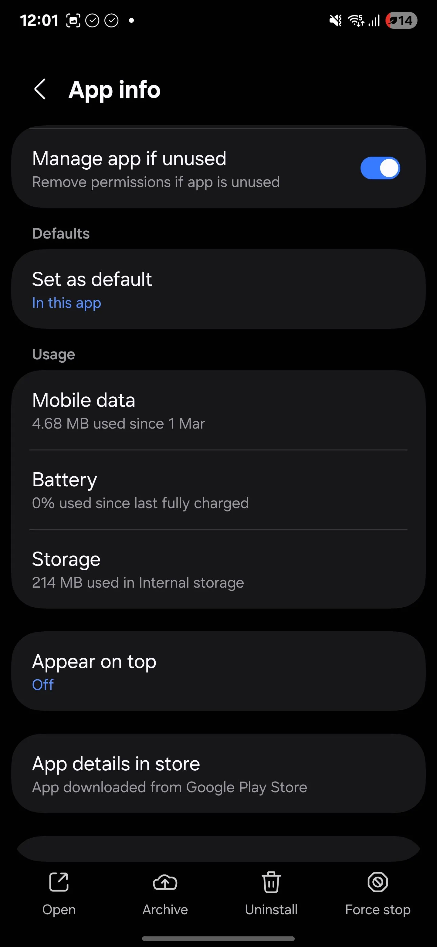 Giao diện thông tin chi tiết ứng dụng Samsung trong cài đặt Android