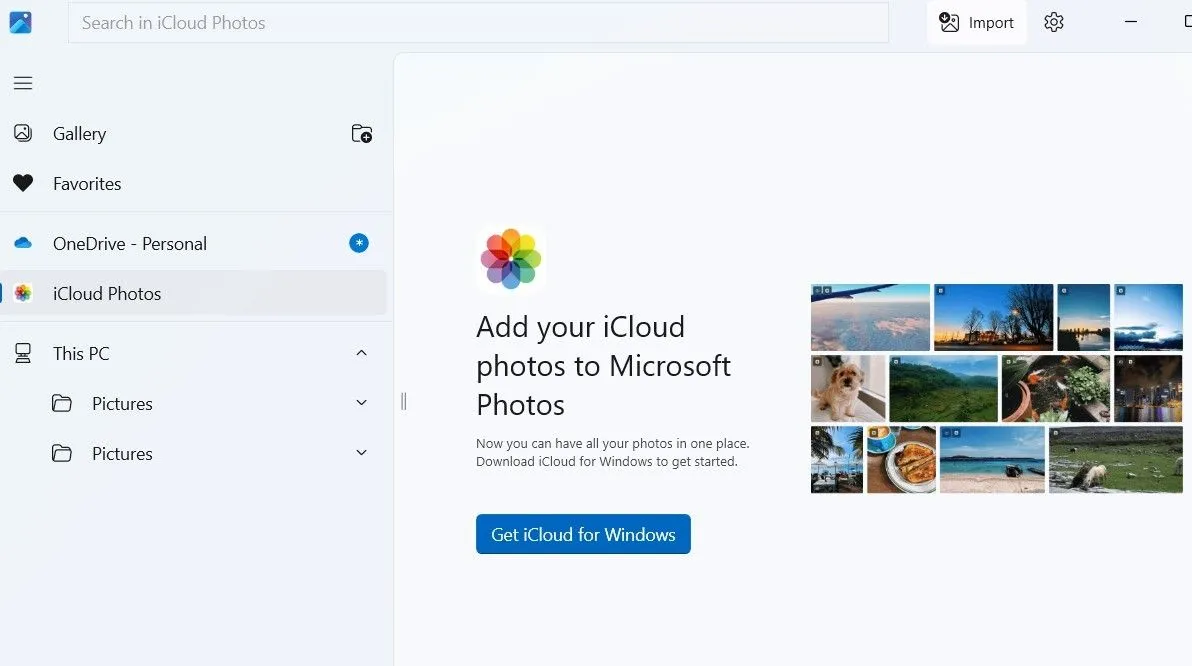 Giao diện tích hợp iCloud và OneDrive trong ứng dụng Photos Windows 11