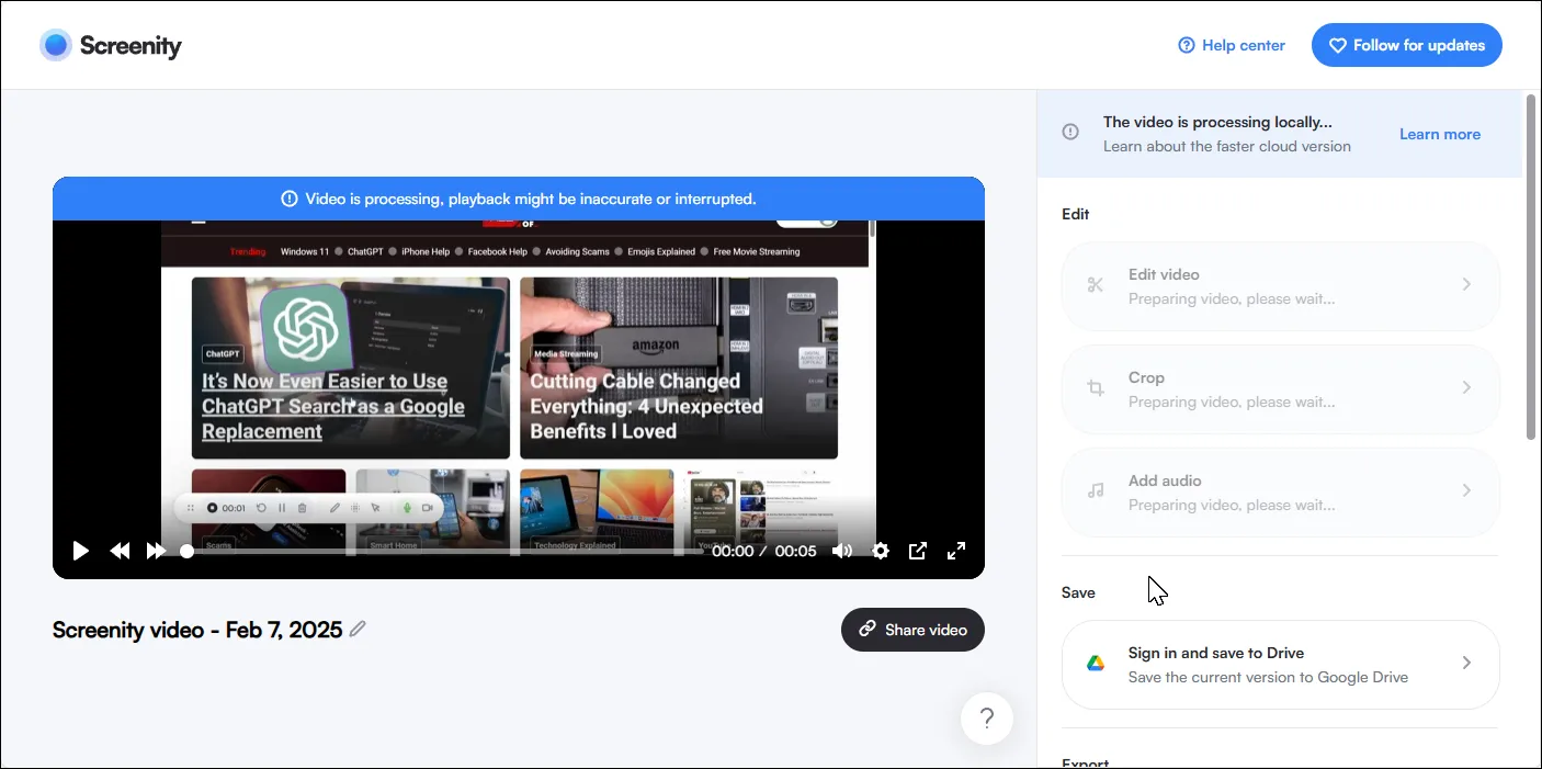 Giao diện tiện ích mở rộng Screenity trên trình duyệt Chrome, hiển thị màn hình đang được ghi lại với các công cụ chú thích.