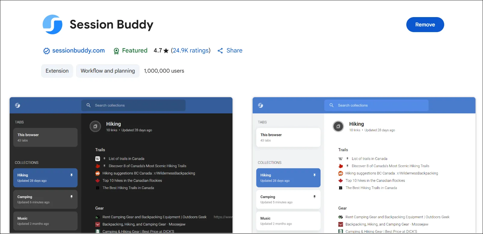 Giao diện tiện ích mở rộng Session Buddy trên Google Chrome, giúp người dùng lưu trữ và quản lý các nhóm tab trình duyệt hiệu quả.