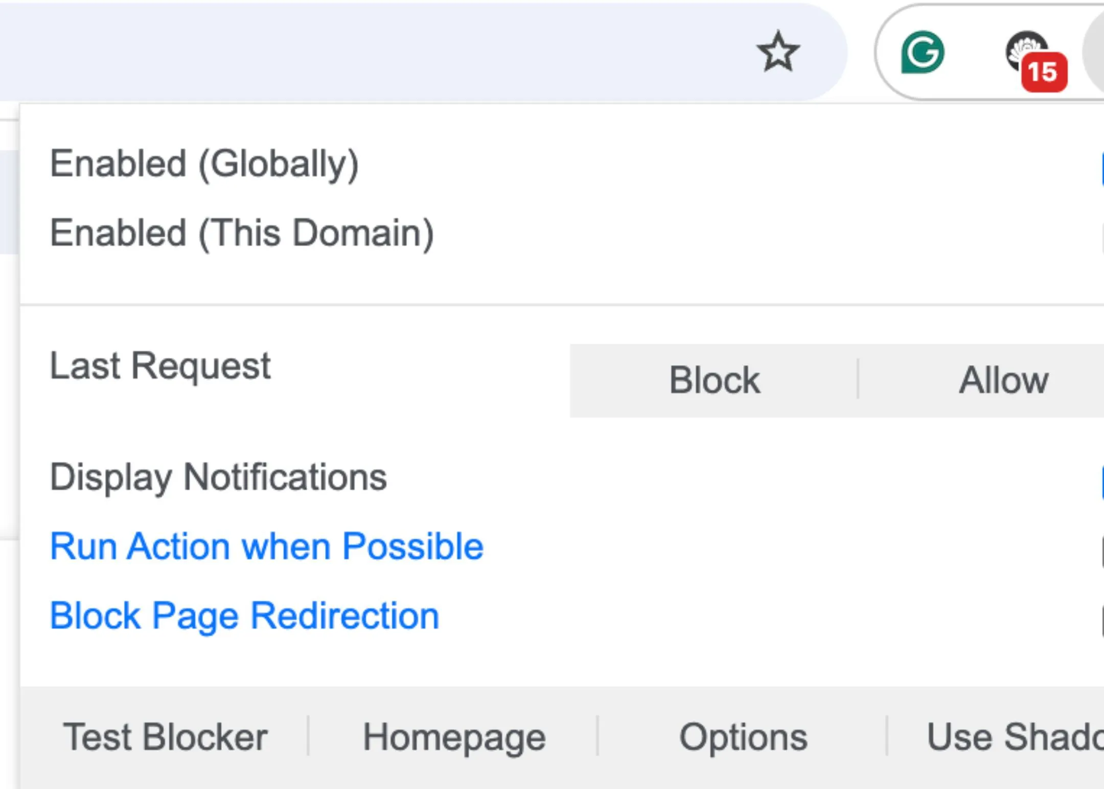 Giao diện tiện ích Popup Blocker (Strict) trên Chrome, thể hiện khả năng chặn các cửa sổ pop-up khó chịu.