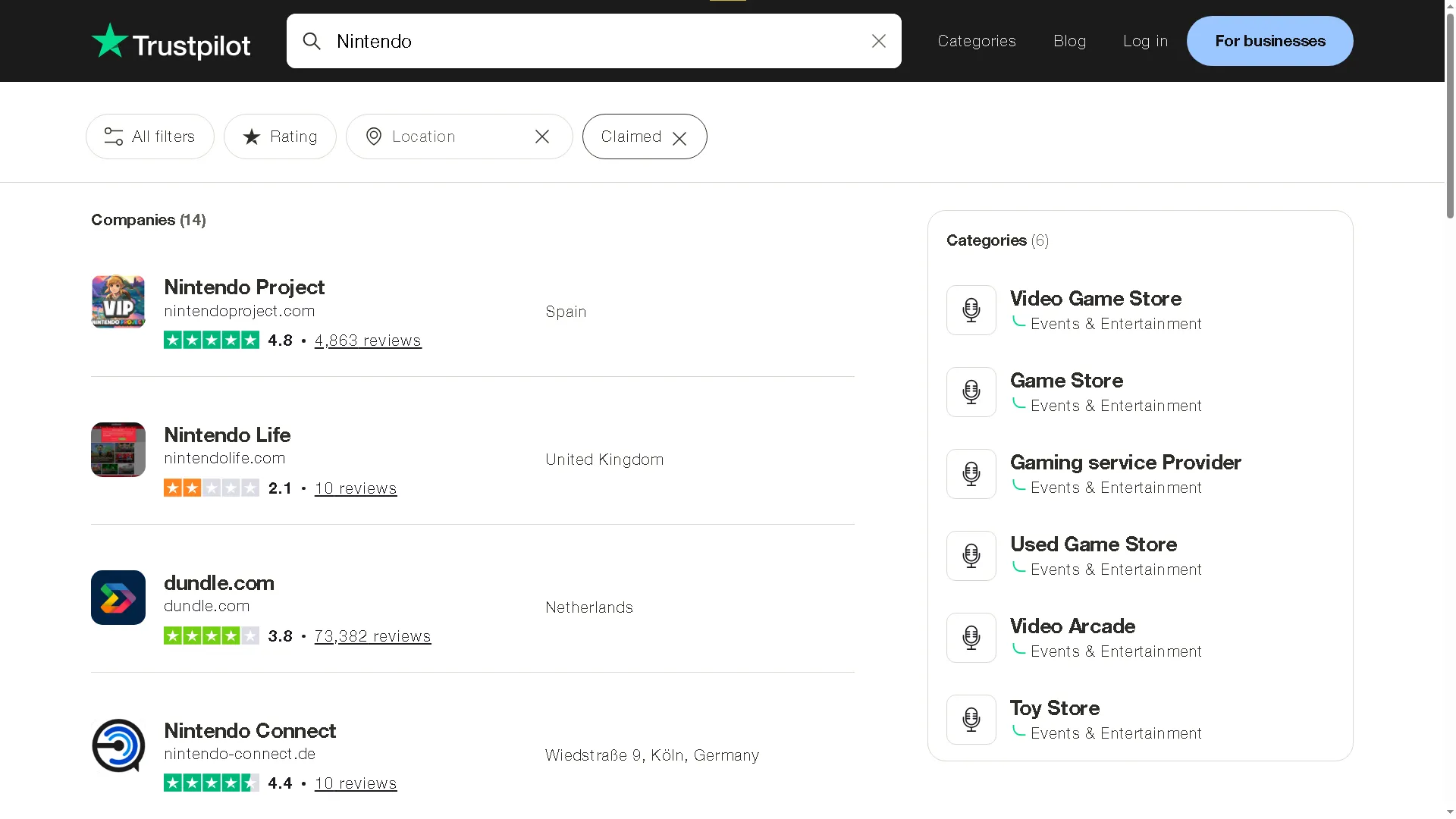 Giao diện tìm kiếm đánh giá doanh nghiệp trên Trustpilot với từ khóa Nintendo