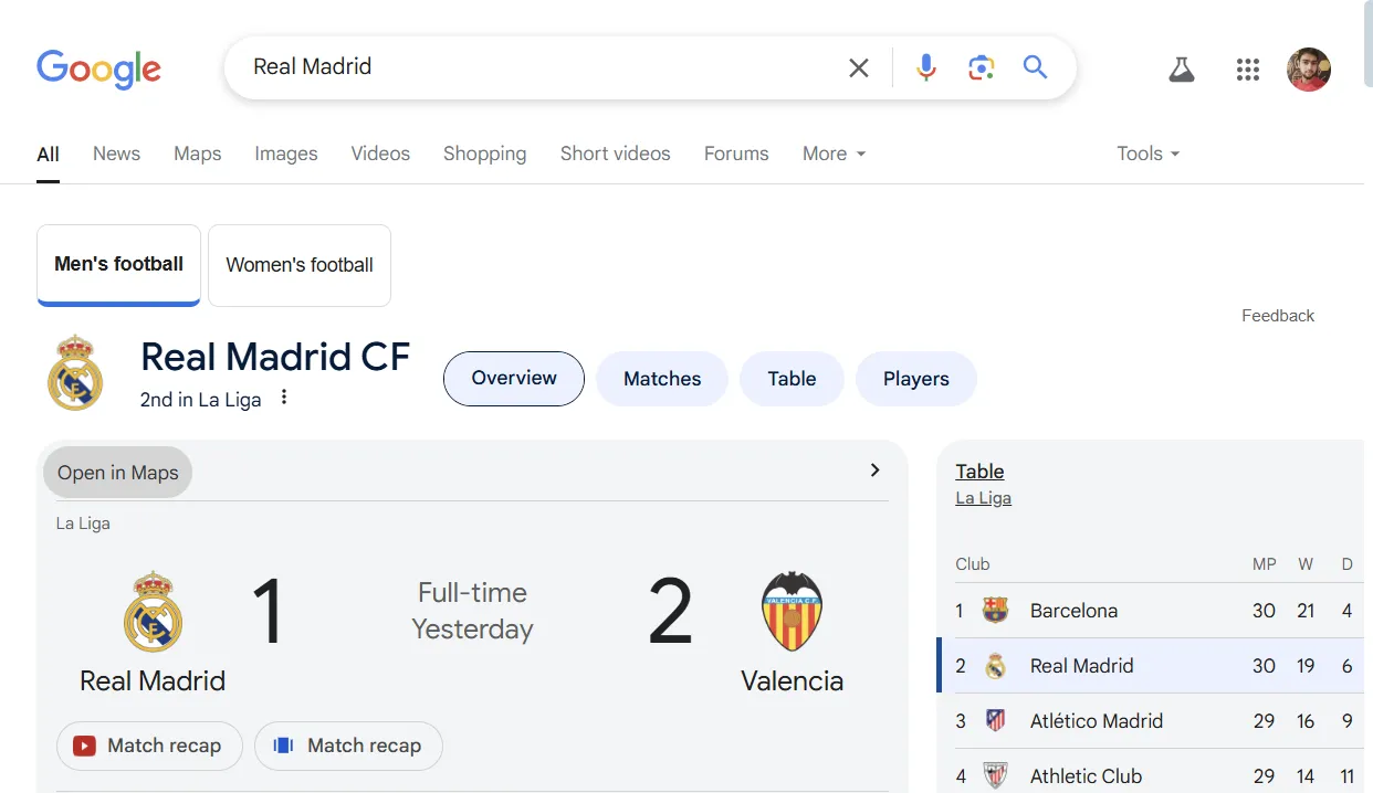 Giao diện tìm kiếm Google hiển thị bảng tỷ số trực tiếp và lịch thi đấu khi tìm kiếm một đội bóng như Real Madrid