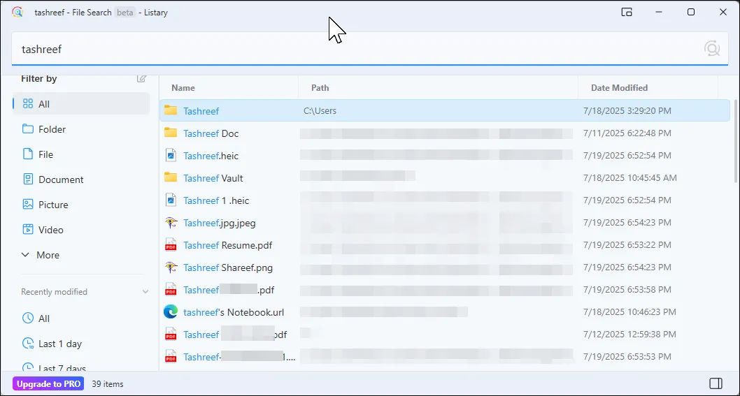 Giao diện tìm kiếm Listary hiển thị trên Windows 11