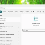 Giao diện tìm kiếm Windows 11 hiển thị kết quả "Installed apps" và nút mở