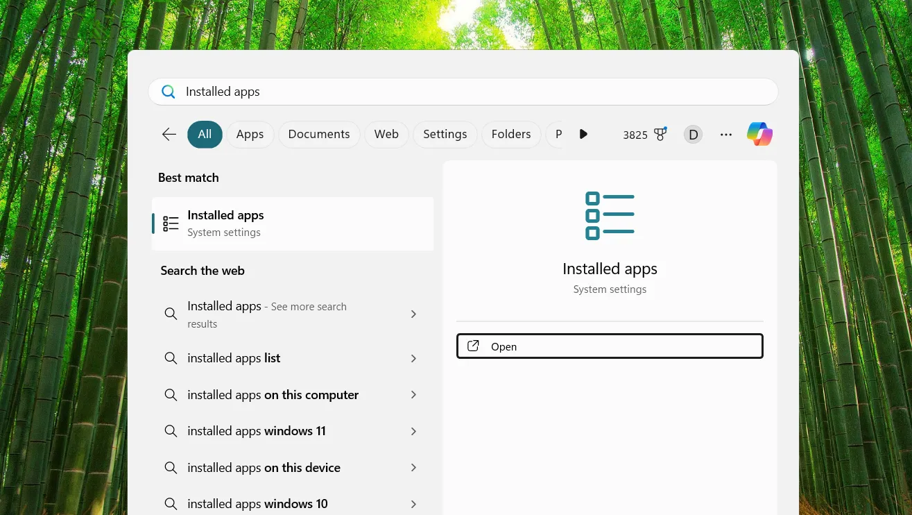Giao diện tìm kiếm Windows 11 hiển thị kết quả "Installed apps" và nút mở
