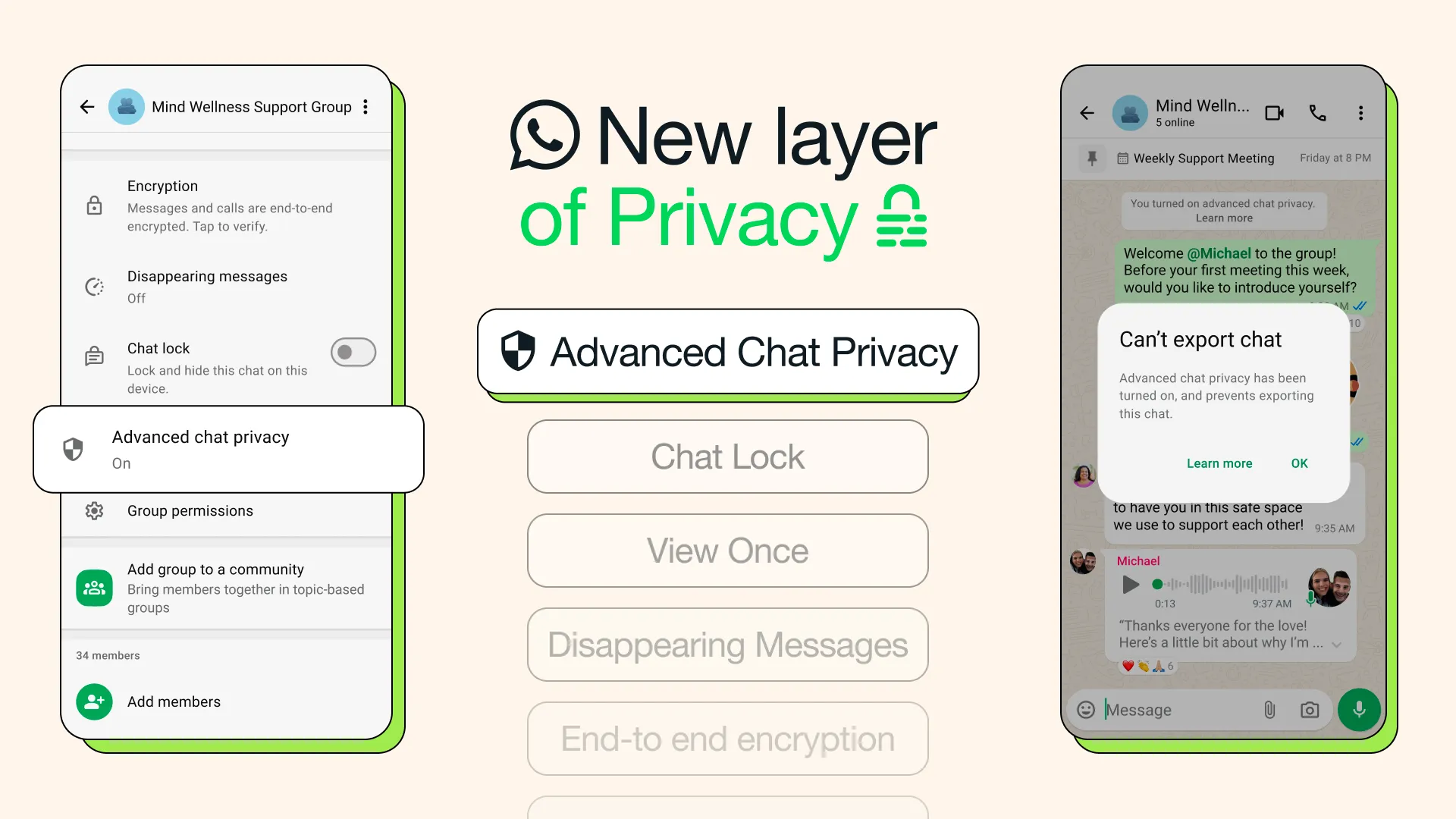 Giao diện tính năng "Advanced Chat Privacy" trên WhatsApp giúp bảo vệ thông tin nhạy cảm trong cuộc trò chuyện.